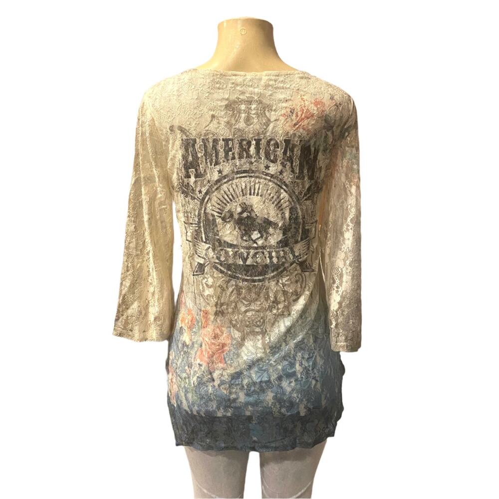 Origami Ivory Multicolor "American Cowgirl" Lace Top Small - Picture 4 of 5